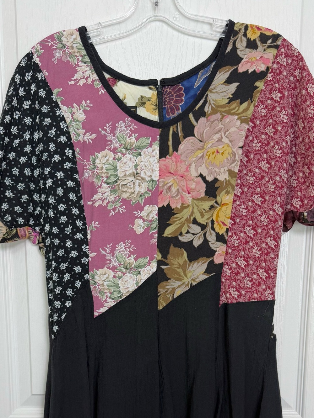 Vintage 90s Patchwork Floral Mini Skater Dress Size Medium Black Algo - Picture 3 of 8